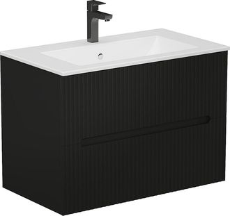 Vente-Unique Mueble de ba&ntilde;o estriado suspendido con lavabo encastrado y grifo - Negro - 80 cm - PAVANI