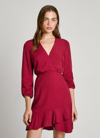 Pepe Jeans London A-Linien-Kleid PEPE JEANS KENDALL, Damen, Gr. S, N-Gr, rot (burnt rot), Web, Obermaterial: 100% Viskose, Strukturmuster, regular fit, tiefer V-Ausschn