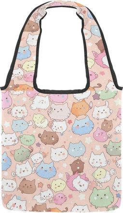 Generic Cute Cartoon Kitten Reversible Canvas Shoulder Tote - Double-Sided Print, 12oz Cotton, 27cm Drop, Fold-Flat Bag for Travel, Shopping, Street Outings