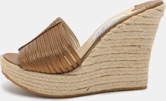 Jimmy Choo London Gold Leather Wedge Espadrille Silde Sandals