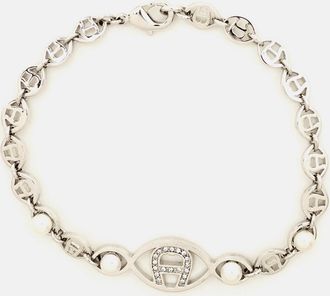 Aigner Logo Crystal Faux Pearl Silver Tone Bracelet