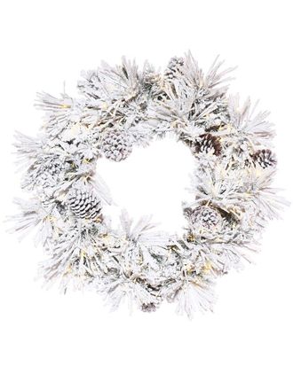 Vickerman 24In Flocked Atka Artificial Christmas Wreath, Warm White Led Lights