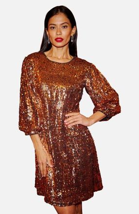 Yumi Balloon Sleeve Sequin Mini Dress in Gold at Nordstrom, Size 10