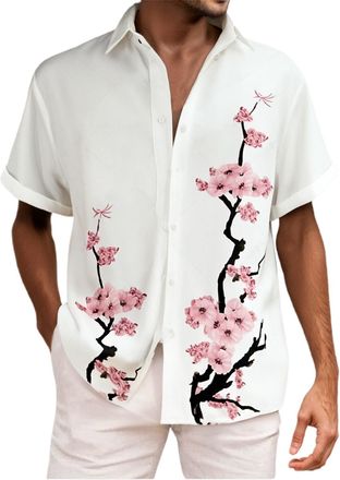 Generic Grandad Shirts for Men,Summer Beach Men Short Sleeve Mens Shirt Smart Casual Double Collar Summer Loose Fit Long Cotton (Pink,M)