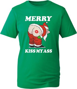 Generic Merry Kiss My Ass T-Shirt, Funny Santa Rude Joke Xmas 2025 Tee, Naughty Christmas Party Outfit Gift Top UK (Kelly Green, 2XL Years)