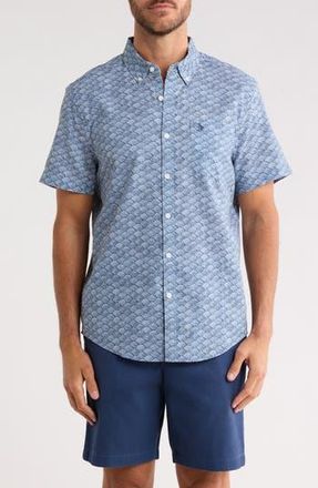 Original Penguin Wave Print Short Sleeve Linen & Cotton Blend Button-Down Shirt in Copen Blue at Nordstrom Rack, Size Xx-Large