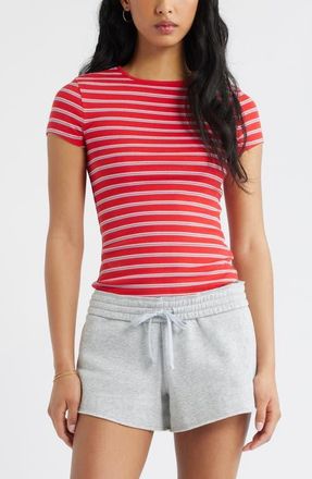 BP. Stretch Cotton Blend Baby Tee in Red- Pink Alicia Stripe at Nordstrom, Size Xx-Small