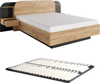 Vente-Unique Cama con mesitas de noche 160 x 200 cm - Con LEDs - Color: Natural y negro + Somier - JUVISIA