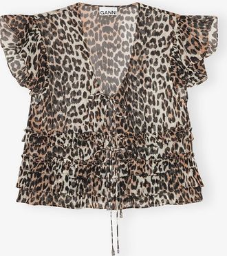 Ganni Leopard Chiffon Ruffle Blouse - Size 32 Mixed