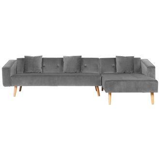 Beliani Sof&aacute; Cama Esquinero Con 3 Almohadas Tapizado En Terciopelo Gris Patas De Madera Clara Reclinable 4 Plazas Versi&oacute;n Derecha Vadso