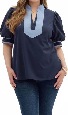 Entro Two Color Puff Sleeve Top In Navy