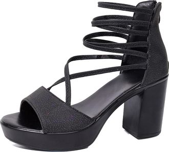 Generic Womens Chunky Block High Heels Platform Sandals Ankle Strap Zip Up Comfort Open Toe Casual Dress Pumps Shoes (Black,5.5)