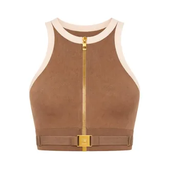 Elisabetta Franchi Sleeveless Tops, female, Brown, Size: XL Knit Top with Shiny Viscose Bands