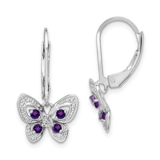 Diamond2Deal Sterling Silver Rhodium-plated Amethyst and Diamond Butterfly Earrings