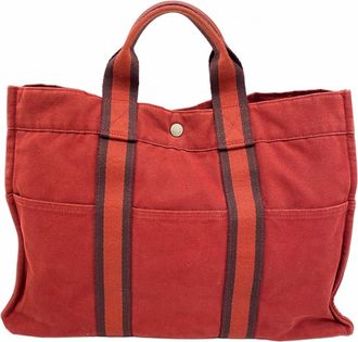 Herm&egrave;s Red Color Canvas Tote Bag (Pre-Owned)