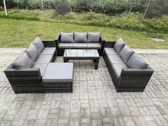 Fimous Outdoor Rattan Garden Furniture Lounge Sofa Set With Oblong Rectagular Coffee Table Footstool in Dark Grey