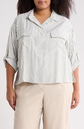 Max Studio Stripe Utility Pocket Shirt in Off White/Olive Stripe at Nordstrom Rack, Size 1X