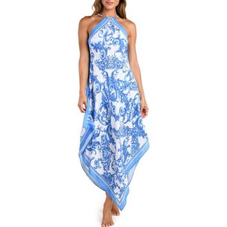L'agence Elise Halter Neck Handkerchief Midi Dress in Blue/white at Nordstrom, Size Medium