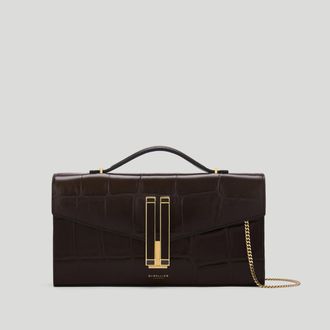 DeMellier The Vancouver Clutch in Dark Chocolate Large Croc-Effect Leather Clutch