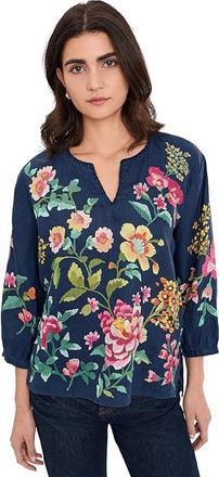 Johnny Was Split Neck Linen Blouse Womens Clothing Blue Night Miraze : 2XL