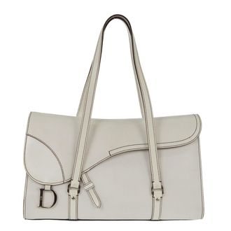 Dior Vintage Saddle Top Handle Bag Leather White Leather Handbag (Pre-Owned)