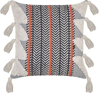 Beliani Coj&iacute;n De Algod&oacute;n Gris Negro Blanco Naranja 45 X 45 Cm Borlas Bouvardia