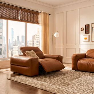 Castlery Leather Wide Arm Recliner Armchair with Feather Filled Seats - Brown | Castlery