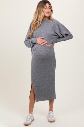 Pinkblush Ribbed Knit Asymmetric Top Midi Skirt Set in Heather Grey at Nordstrom, Size Large