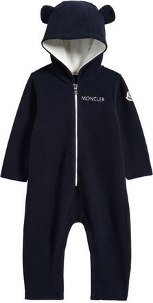 Moncler Fleece Hooded Zip Romper in Navy at Nordstrom, Size 12-18M