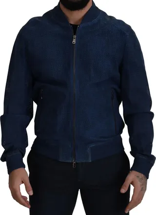 Dolce & Gabbana Blue Leather Perforated Full Zip Mens Jacket (Pre-Owned)