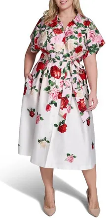 Karl Lagerfeld Placed Floral Stretch Cotton Midi Shirtdress in Cornelia Rose/sft Wht Multi at Nordstrom, Size 22W