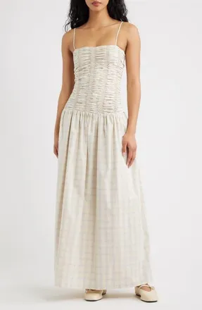 Faithfull The Brand Mira Cotton Maxi Dress in Floor Check-Antique White at Nordstrom, Size X-Small