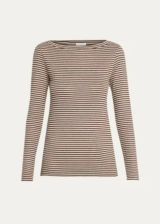 Brunello Cucinelli Glimmering Fine Stripe Wool Jersey Long-Sleeve Top