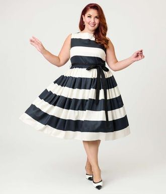 Unique Vintage Plus Size Sleeveless Belted Swing Dress in Black & Ivory Stripes at Nordstrom, Size 5X