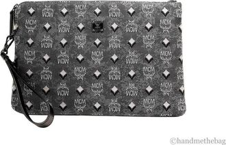 MCM MCM Veritas Medium Dark Grey Denim Monogram Logo Canvas Clutch Pouch Womens Handbag