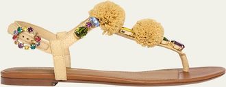 Dolce & Gabbana Raffia Pom Pom Gem Thong Sandals
