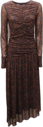 Ganni Gedrukte Mesh Jurk French Roast Stijl - Dames - Maxi kleedjes - Bruin - XS - Kleedjes