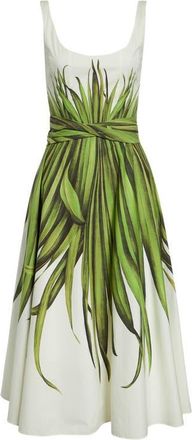 Oscar De La Renta Palm Leaves Print Cotton Stretch Poplin Midi Dress in Green/Ecru at Nordstrom, Size 10