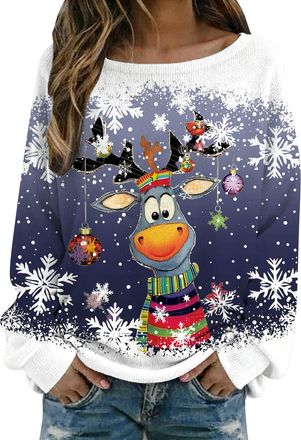 Generic Womens Christmas Jumper Ladies Funny Ugly Xmas Jumpers Reindeer Graphic Print Casual Long Sleeve Loose Fit Pullover Top Christmas Shirts for Women Blu