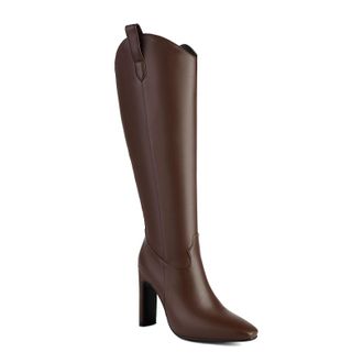 Generic Womens Square Pointy Toe Knee High Boots PU Leather Long Boot with Side Zipper Block High Heel Party Prom Shoes,Brown,9.5 UK