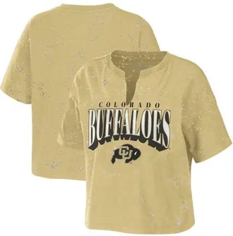 WEAR by Erin Andrews Womens WEAR by Erin Andrews Tan Colorado Buffaloes Bleach Wash Splatter Cropped Notch Neck T-Shirt at Nordstrom, Size Xx-Large