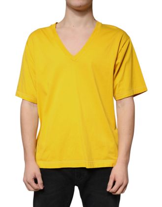 Dolce & Gabbana Yellow Cotton V-neck Short Sleeves Mens T-shirt