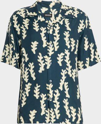 Ermenegildo Zegna Mens Silk Oasi Print Camp Shirt