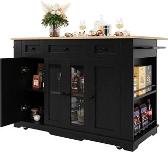 STILVORA Carro De Cocina Con Caj&oacute;n, Almacenaje Y Encimera Abatible, En Vidrio Templado, Mdf Y Metal, Negro Natural
