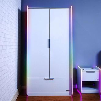 X Rocker Electra 2 Door Wardrobe with 2 Doors 1 Drawer Shelf & LED Lights in White