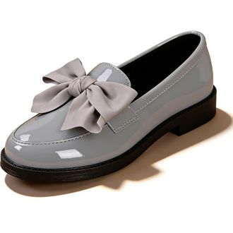 Generic Bow Loafers for Women Patent Penny Chunky Loafer Wide Width Elegant Casual Comfortable Dress Shoes for Work (Grey,6.5)