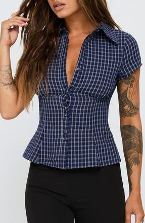 Princess Polly Cottesloe Check Cotton Blend Button-Up Shirt in Navy Check at Nordstrom, Size 10