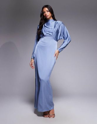 Tfnc Vestito lungo accollato in raso blu polvere con dettaglio raccolto