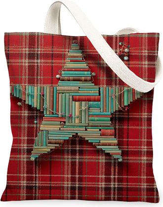 Generic Christmas Star Canvas Tote Bags, Vintage Plaid Pattern Reusable Grocery Bags, Rustic Lightweight Washable Shoulder Strap Canvas for Gym Outdoor Travel