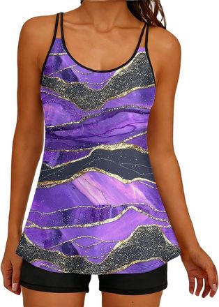 Generic Swim Suit Black Tankini Sets for Women UK Two Piece Tummy Control Bathing Suit with Bottoms Shorts Crewneck Fashion Print Holiday Beach Sports Swimwea